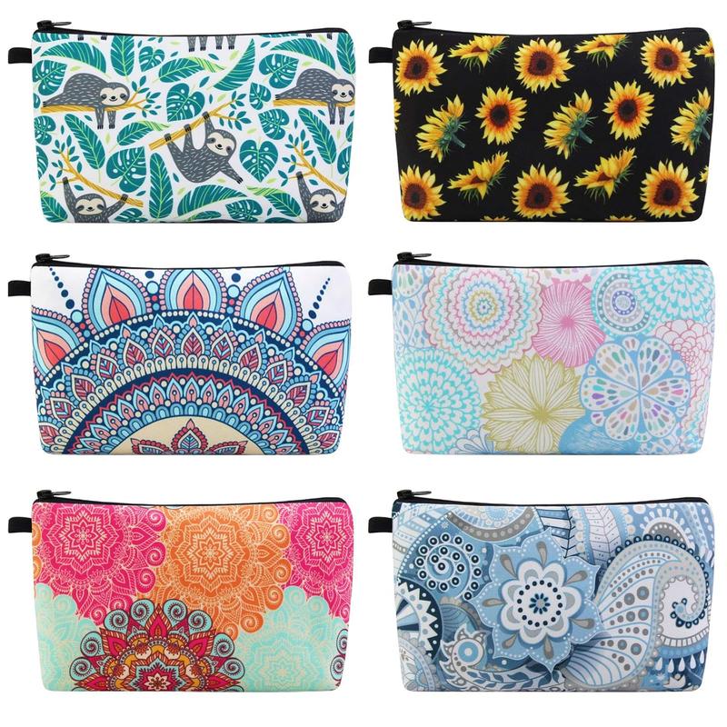 Makeup Bag 6 Styles Portable Travel  Bag for Women Flower Patterns Zipper Pouch Sloth Gifts Makeup Pouch with Black Zipper (6 packs)