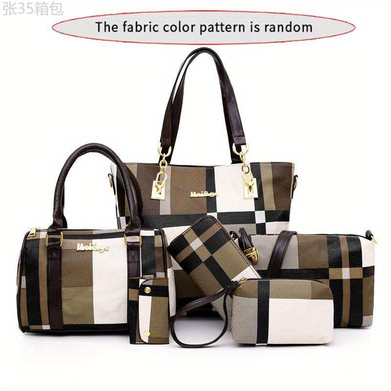 6pcs set Large Capacity Checkered Pattern Shoulder Bag With Simple Handbag, Crossbody Bag, Clutch Bag, Long & Short Wallet