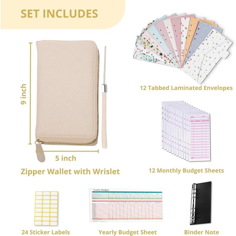 Cash Envelope Wallet Beige All in One Budget System RFID Blocking with 12x Tabbed Cash Envelopes 12x Monthly Budget Cards 1x Yearly Budget Planner Sheet Complete Money Organizer Set for Cash