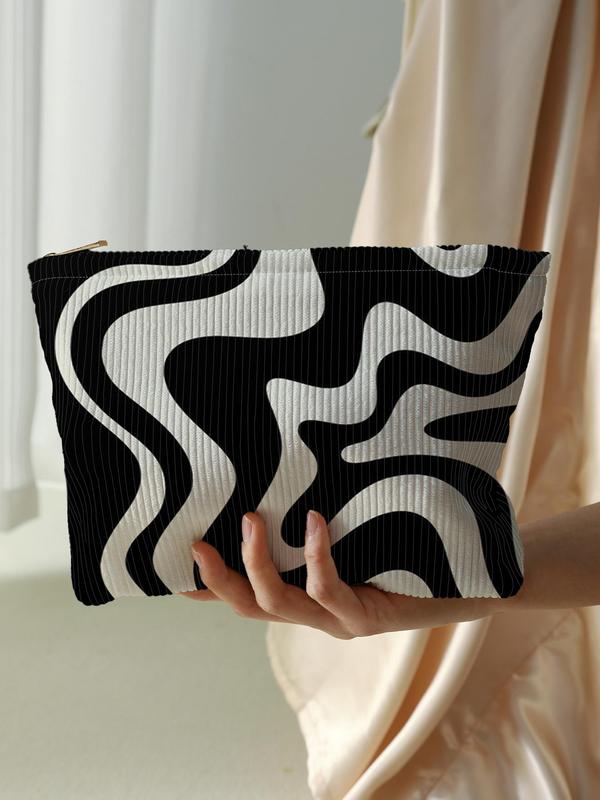 Zebra Stripe Pattern Corduroy Makeup Bag, Casual Lightweight Multi-functional Fashionable Travel Cosmetic Bag, Casual Trendy Versatile High-quality Bag for Women & Girls