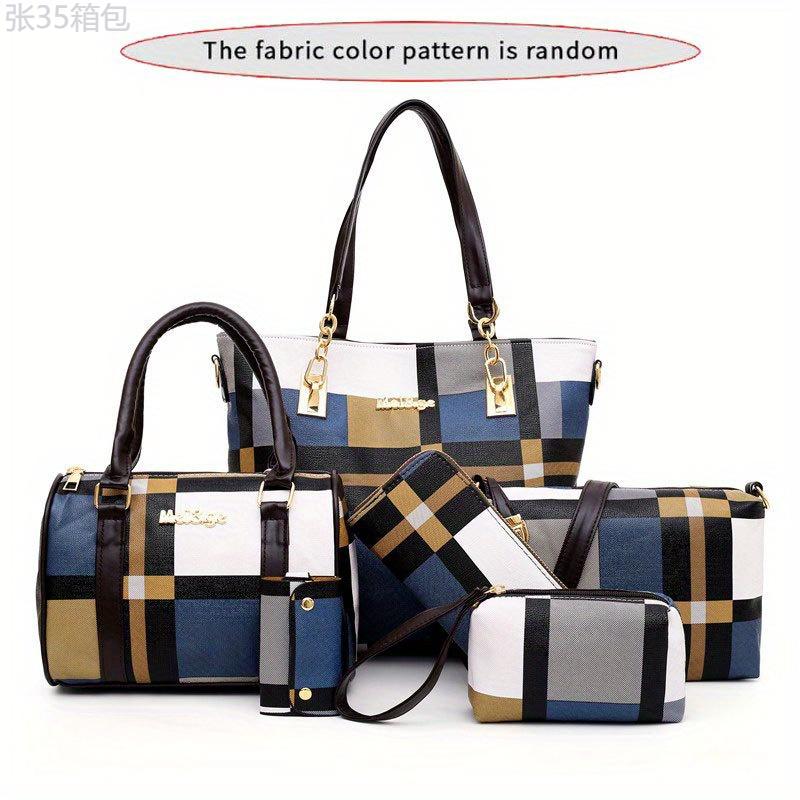 6pcs set Large Capacity Checkered Pattern Shoulder Bag With Simple Handbag, Crossbody Bag, Clutch Bag, Long & Short Wallet