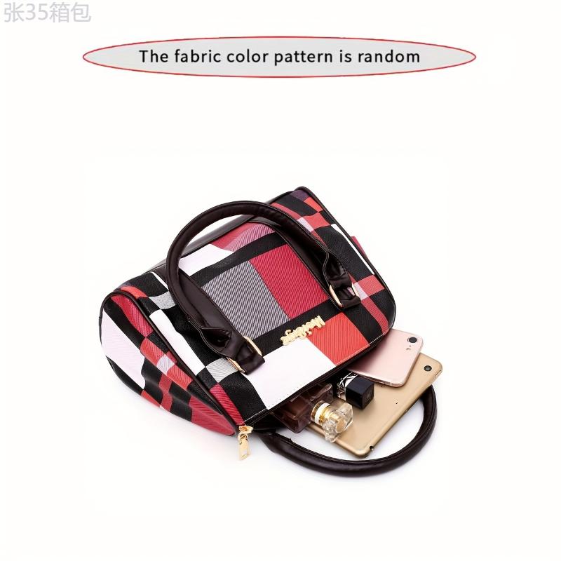 6pcs set Large Capacity Checkered Pattern Shoulder Bag With Simple Handbag, Crossbody Bag, Clutch Bag, Long & Short Wallet