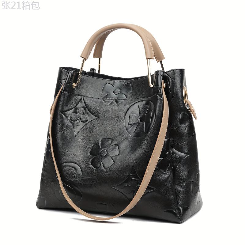 Classic Elegant Flower Embossed Satchel Handbag, Fashionable All-Match Bag For Work