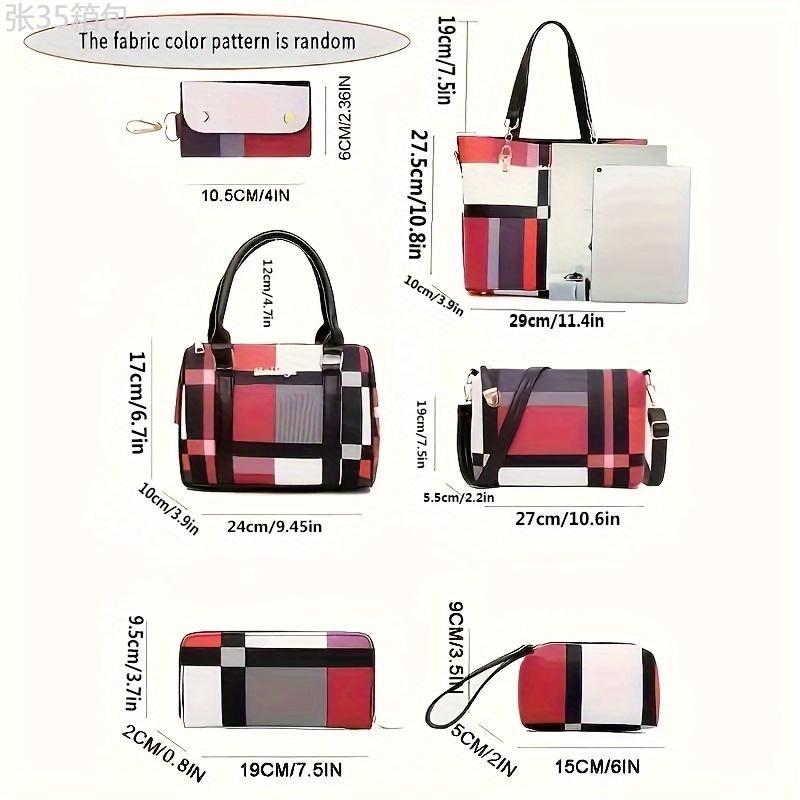 6pcs set Large Capacity Checkered Pattern Shoulder Bag With Simple Handbag, Crossbody Bag, Clutch Bag, Long & Short Wallet