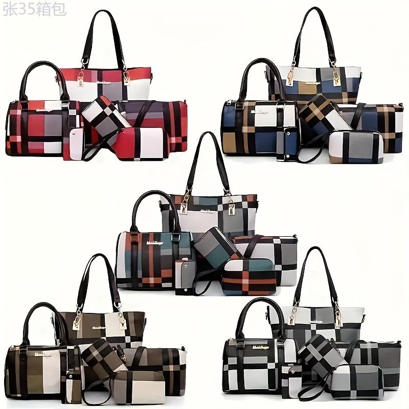 6pcs set Large Capacity Checkered Pattern Shoulder Bag With Simple Handbag, Crossbody Bag, Clutch Bag, Long & Short Wallet