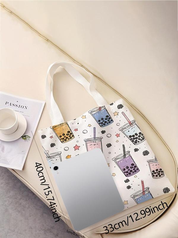 Cartoon Milk Tea Pattern Tote Bag, Casual Trendy Shoulder Bag, Fashionable Tote Bag for Women & Girls for Daily Shopping Office & Various Occasions