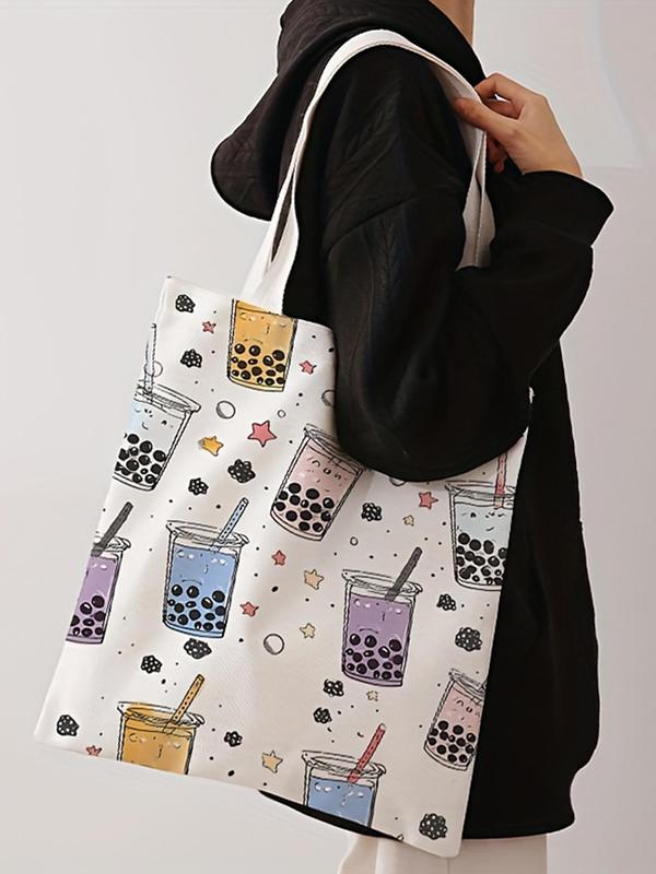 Cartoon Milk Tea Pattern Tote Bag, Casual Trendy Shoulder Bag, Fashionable Tote Bag for Women & Girls for Daily Shopping Office & Various Occasions