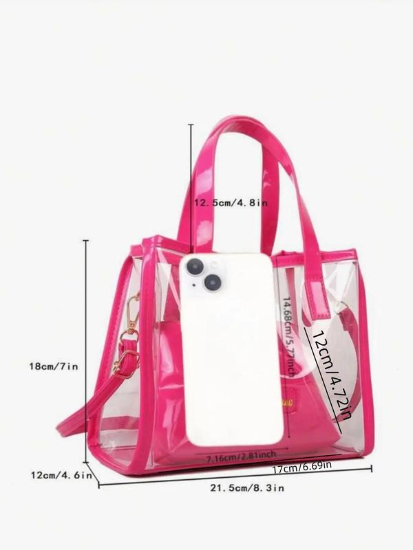 Women's Fashionable Transparent Tote Bag & Letter Patched Pouch Set, Large Capacity Shoulder Bag Set for Women, Casual Trendy Versatile Commuting Bag Set