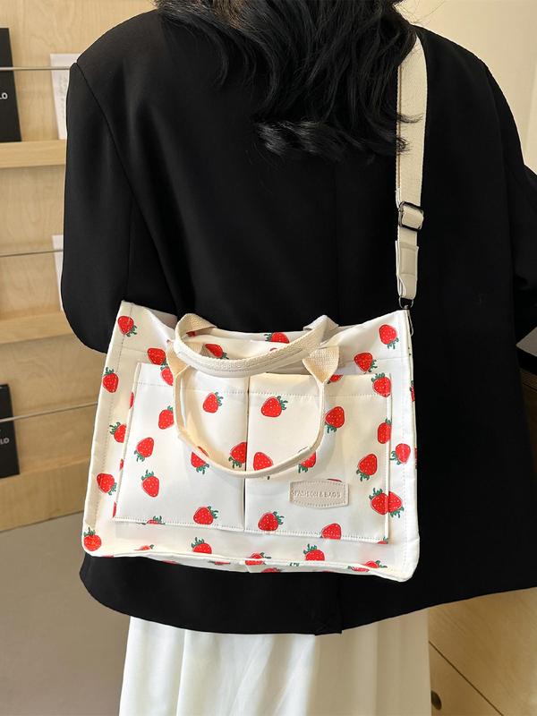 Strawberry Pattern Tote Bag, Fashionable Letters Patched Design Shoulder Bag for Women, Casual Versatile Adjustable Commuter Bag for Work & School