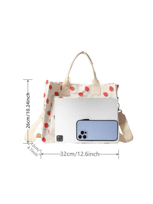 Strawberry Pattern Tote Bag, Fashionable Letters Patched Design Shoulder Bag for Women, Casual Versatile Adjustable Commuter Bag for Work & School