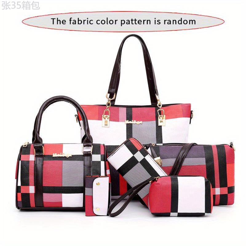 6pcs set Large Capacity Checkered Pattern Shoulder Bag With Simple Handbag, Crossbody Bag, Clutch Bag, Long & Short Wallet