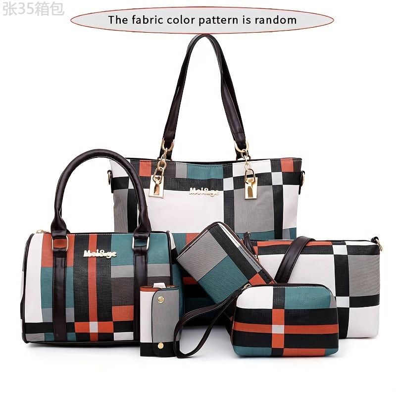 6pcs set Large Capacity Checkered Pattern Shoulder Bag With Simple Handbag, Crossbody Bag, Clutch Bag, Long & Short Wallet