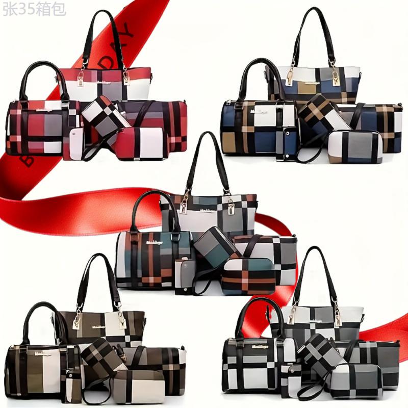 6pcs set Large Capacity Checkered Pattern Shoulder Bag With Simple Handbag, Crossbody Bag, Clutch Bag, Long & Short Wallet