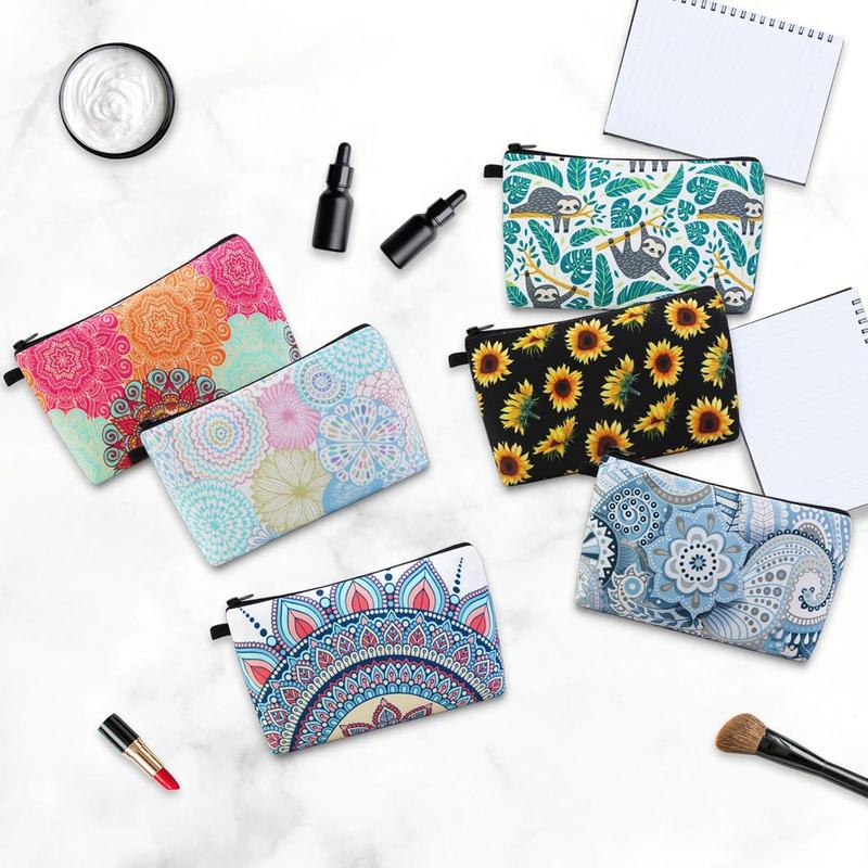 Makeup Bag 6 Styles Portable Travel  Bag for Women Flower Patterns Zipper Pouch Sloth Gifts Makeup Pouch with Black Zipper (6 packs)