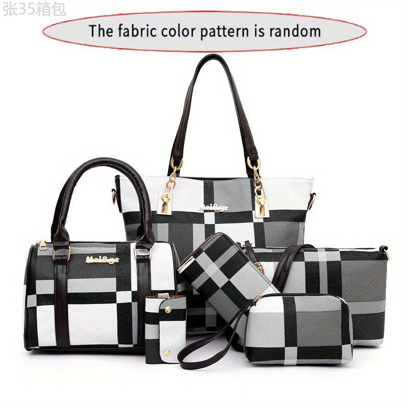 6pcs set Large Capacity Checkered Pattern Shoulder Bag With Simple Handbag, Crossbody Bag, Clutch Bag, Long & Short Wallet