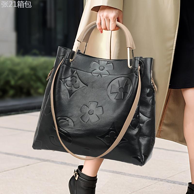 Classic Elegant Flower Embossed Satchel Handbag, Fashionable All-Match Bag For Work