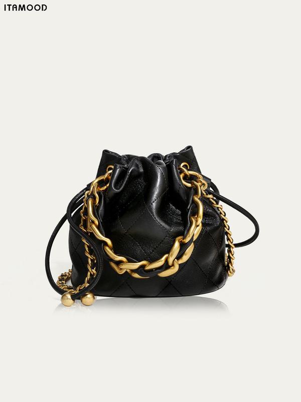 Women's Chain Strap Plaid Quilted Drawstring Design Bucket Bag, Fashionable Shoulder Bag for Daily Used, Casual Trendy Versatile High-quality Daily Commuting Bag