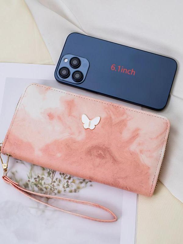 Women's Cute Ink  Tie Dye Pattern Butterfly Decor Long Wallet, Fashionable Pu Leather Zipper Wallet for Daily Used, Casual Trendy Versatile High-quality Daily Wallet