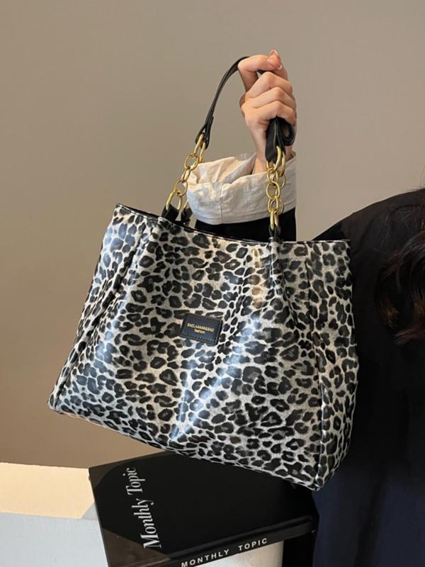 Fashion Leopard Pattern Chain Strap Design Tote Bag, Casual Pu Leather Shoulder Bag for Women, Trendy All-match Bag for Daily Use