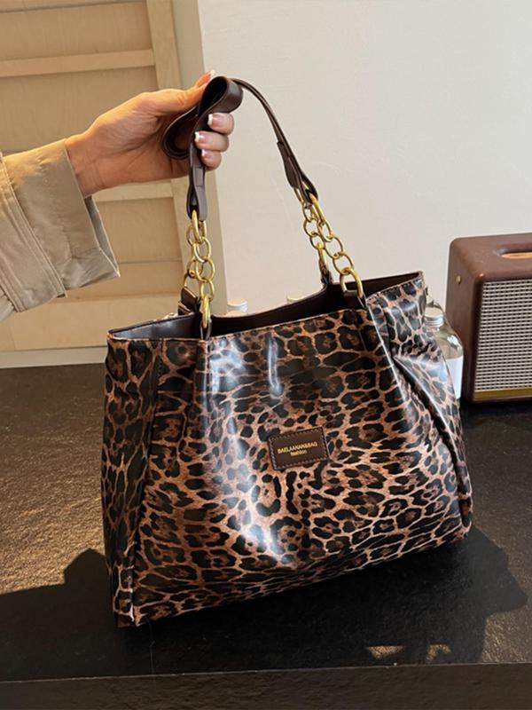 Fashion Leopard Pattern Chain Strap Design Tote Bag, Casual Pu Leather Shoulder Bag for Women, Trendy All-match Bag for Daily Use