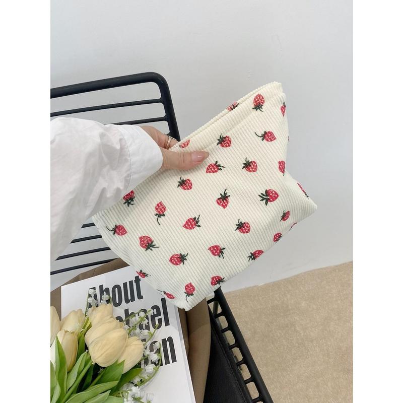 Beige Strawberry Pattern Cosmetic Bags For Women Corduroy Cosmetic Bag Aesthetic Women Handbags Purses Storage Makeup Bag Girls Case Bags Travel Storage Bag Cute Makeup Bag Back To School School Bag Travel Essentials Travel Organizer