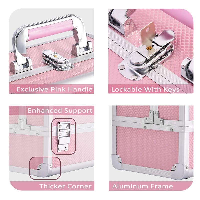 3 Trays Makeup Case with Mirror Brush Holder Professional Cosmetic Box Organizer Lockable Travel Train Case Mermaid Pink