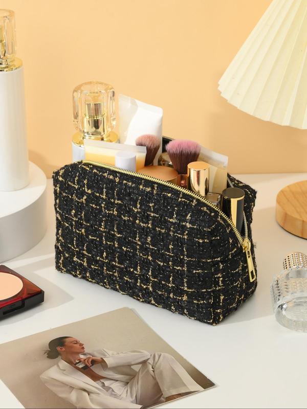 Women's Elegant Tweed Design Makeup Bag, Trendy Large Capacity Cosmetics Bag, Versatile Makeup Storage Bag for Outing & Holiday Use