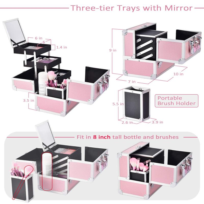 3 Trays Makeup Case with Mirror Brush Holder Professional Cosmetic Box Organizer Lockable Travel Train Case Mermaid Pink