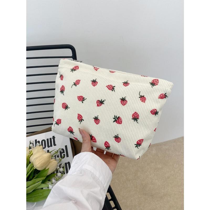 Beige Strawberry Pattern Cosmetic Bags For Women Corduroy Cosmetic Bag Aesthetic Women Handbags Purses Storage Makeup Bag Girls Case Bags Travel Storage Bag Cute Makeup Bag Back To School School Bag Travel Essentials Travel Organizer