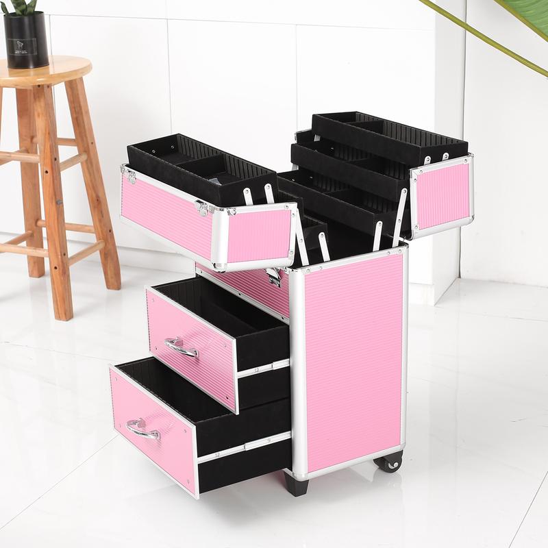 Gifts for Mom, 4 Tier Lockable Cosmetic Makeup Train Case with Extendable Trays, Mother's Day Gifts for Mom, Pink