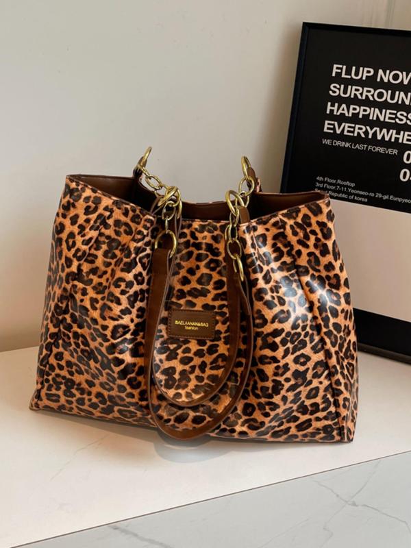 Fashion Leopard Pattern Chain Strap Design Tote Bag, Casual Pu Leather Shoulder Bag for Women, Trendy All-match Bag for Daily Use