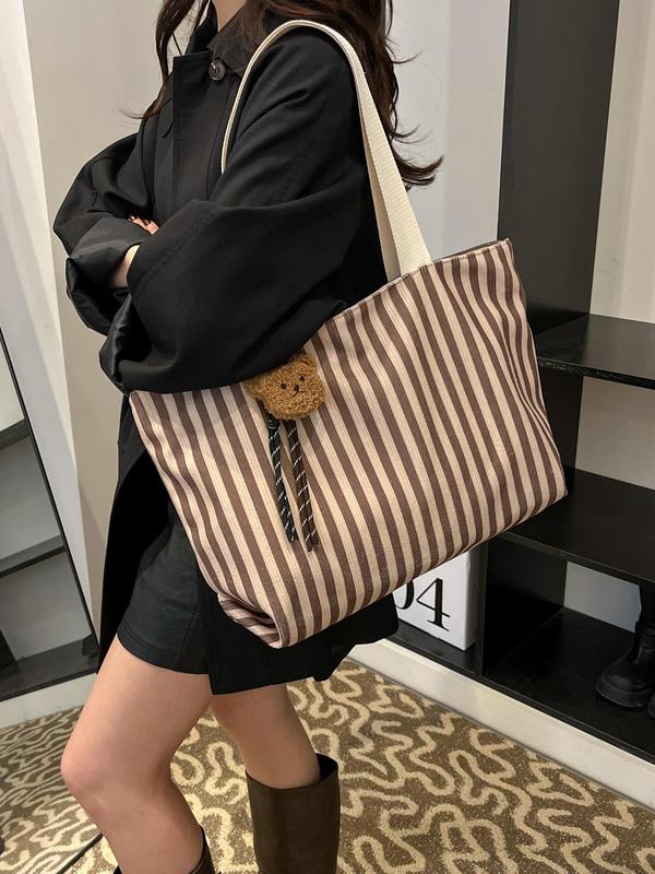 Women's Cute Striped Pattern Tote Bag, Large Capacity Shoulder Bag for Daily Used, Casual Trendy Versatile High-quality Daily Commuting Bag, Girl Fashionable Shopping Bag