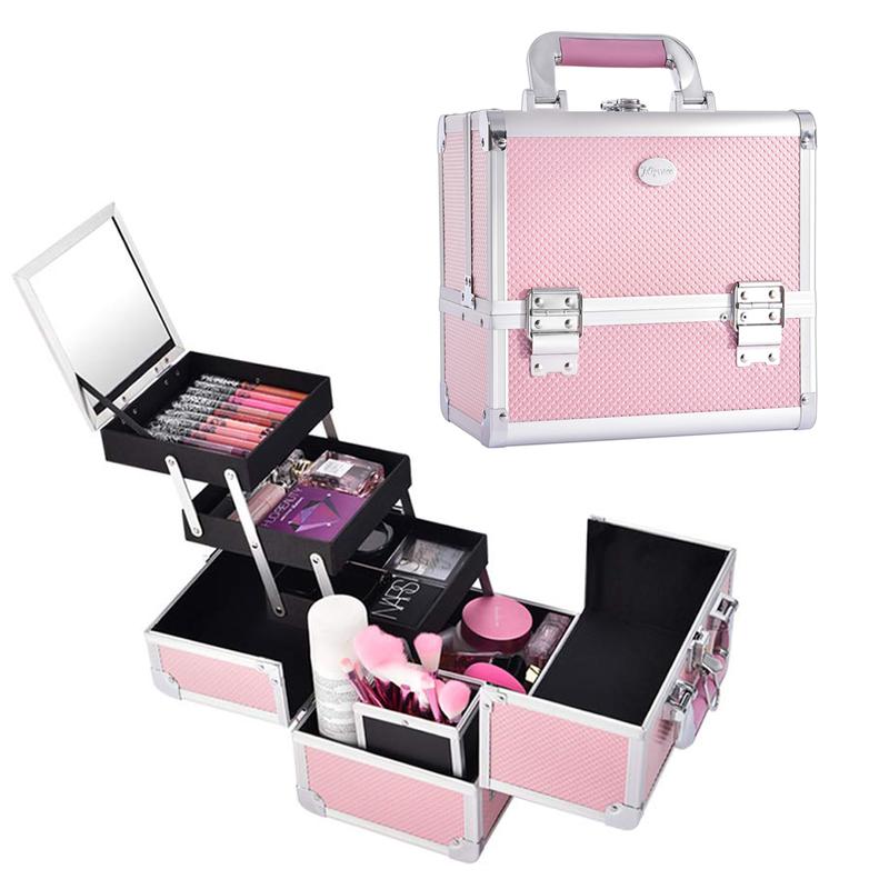 3 Trays Makeup Case with Mirror Brush Holder Professional Cosmetic Box Organizer Lockable Travel Train Case Mermaid Pink