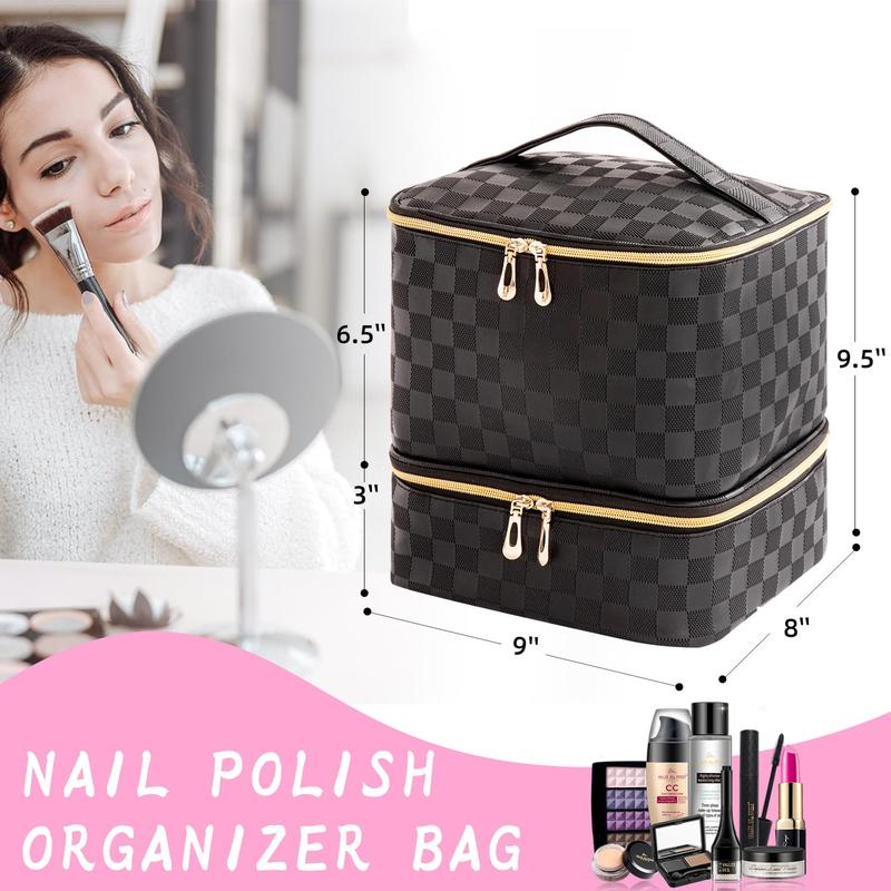 Nail Polish Organizer and Nail Lamp Case, Nail Supplies Organizer Holds 30 Bottles Nail Polish & Nail Lamp, Portable Travel Nail Polish Bag for Manicure Tools Storage (Checkerboard black)