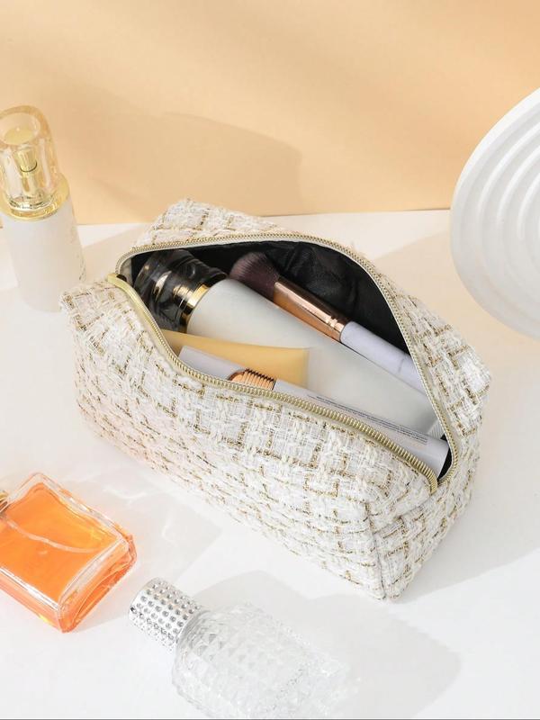 Women's Elegant Tweed Design Makeup Bag, Trendy Large Capacity Cosmetics Bag, Versatile Makeup Storage Bag for Outing & Holiday Use