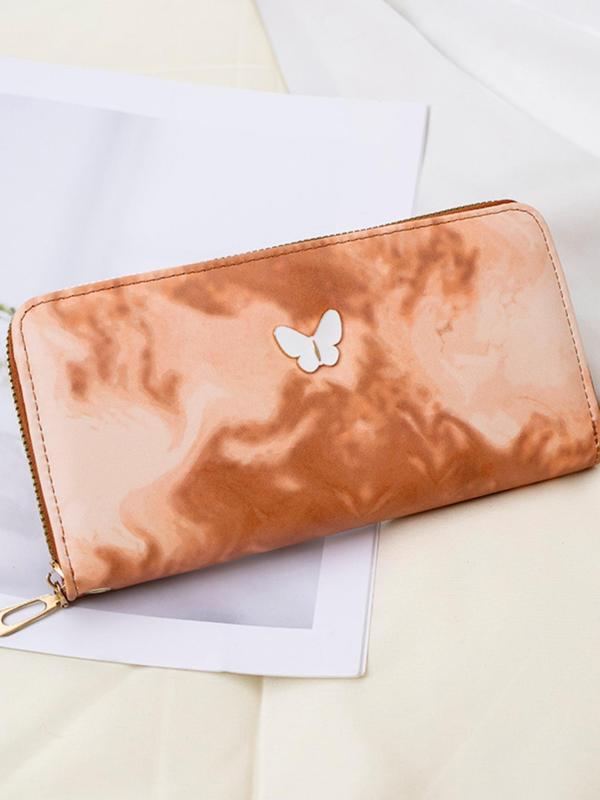 Women's Cute Ink  Tie Dye Pattern Butterfly Decor Long Wallet, Fashionable Pu Leather Zipper Wallet for Daily Used, Casual Trendy Versatile High-quality Daily Wallet