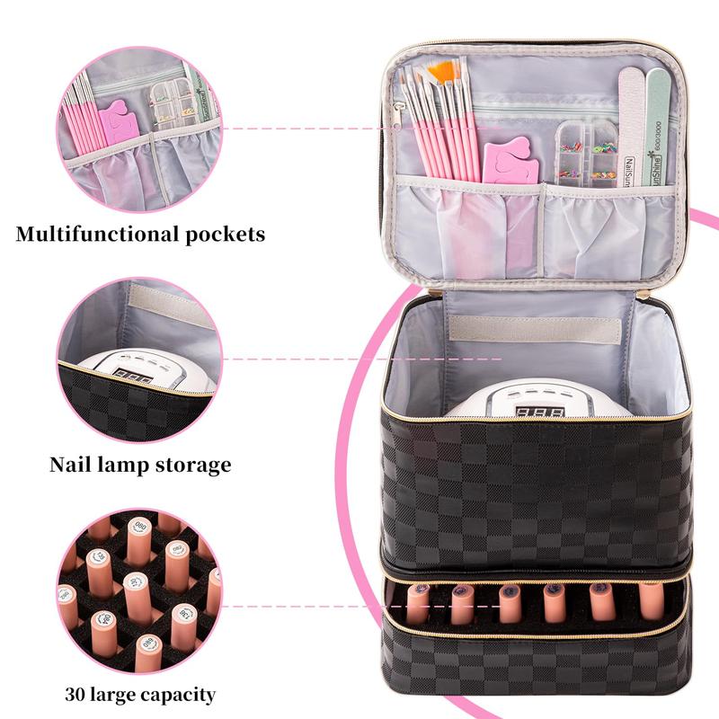 Nail Polish Organizer and Nail Lamp Case, Nail Supplies Organizer Holds 30 Bottles Nail Polish & Nail Lamp, Portable Travel Nail Polish Bag for Manicure Tools Storage (Checkerboard black)