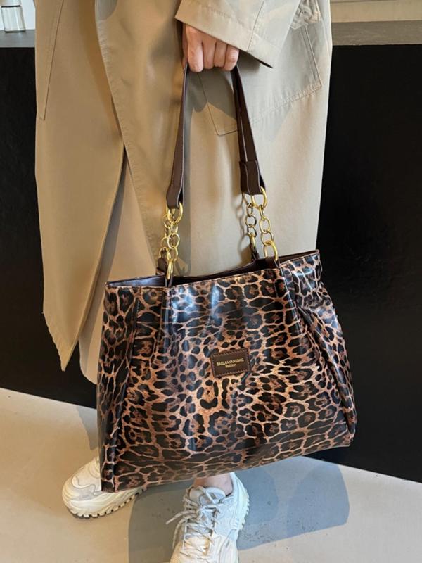 Fashion Leopard Pattern Chain Strap Design Tote Bag, Casual Pu Leather Shoulder Bag for Women, Trendy All-match Bag for Daily Use