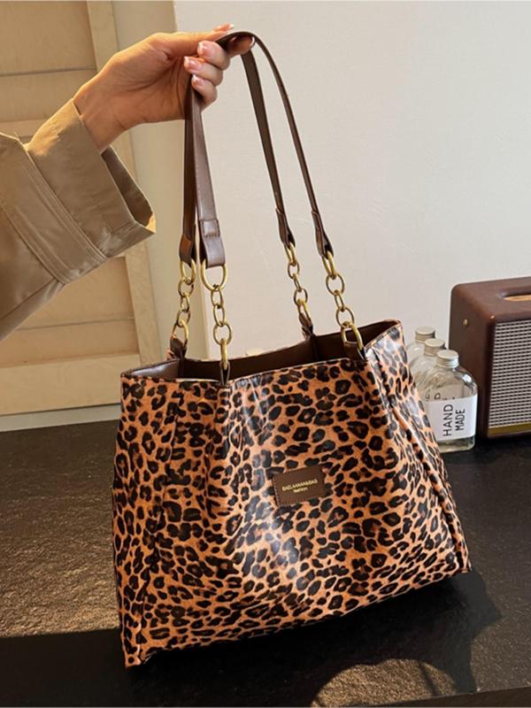 Fashion Leopard Pattern Chain Strap Design Tote Bag, Casual Pu Leather Shoulder Bag for Women, Trendy All-match Bag for Daily Use