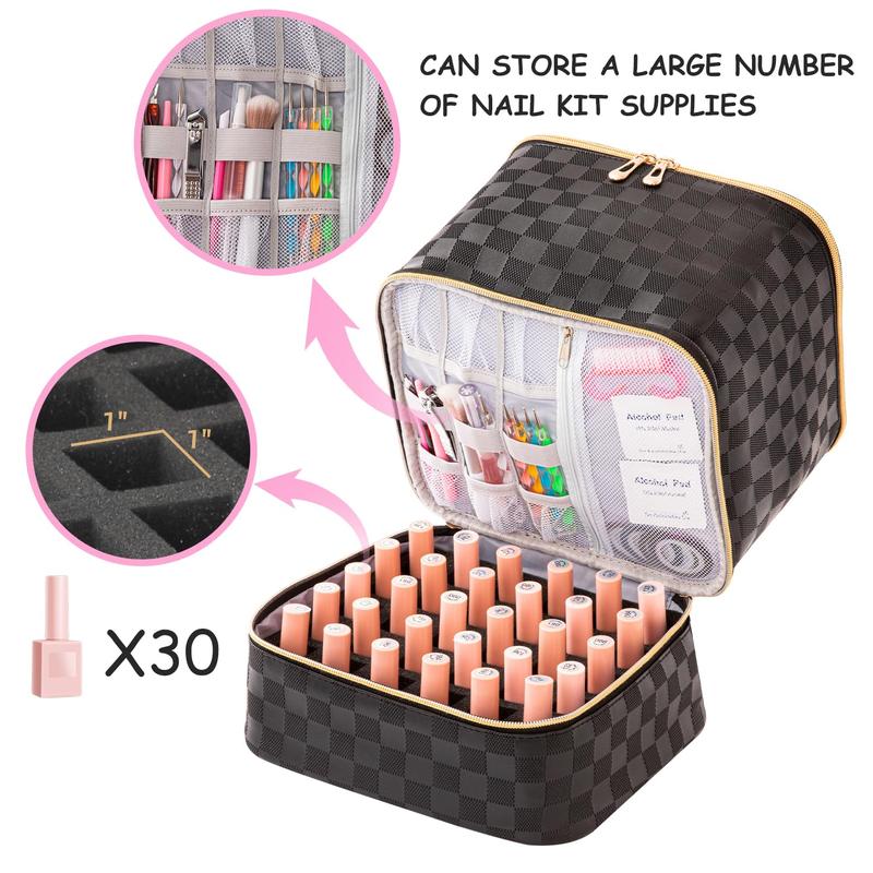 Nail Polish Organizer and Nail Lamp Case, Nail Supplies Organizer Holds 30 Bottles Nail Polish & Nail Lamp, Portable Travel Nail Polish Bag for Manicure Tools Storage (Checkerboard black)