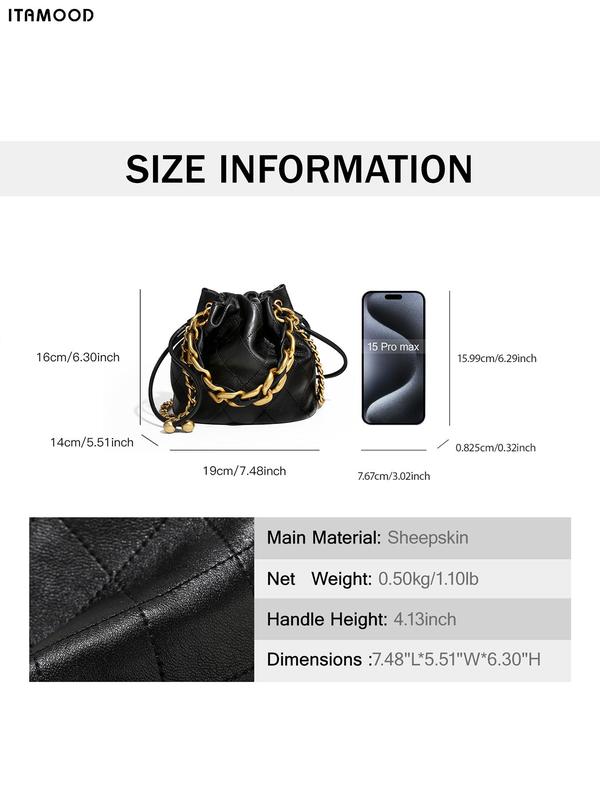 Women's Chain Strap Plaid Quilted Drawstring Design Bucket Bag, Fashionable Shoulder Bag for Daily Used, Casual Trendy Versatile High-quality Daily Commuting Bag