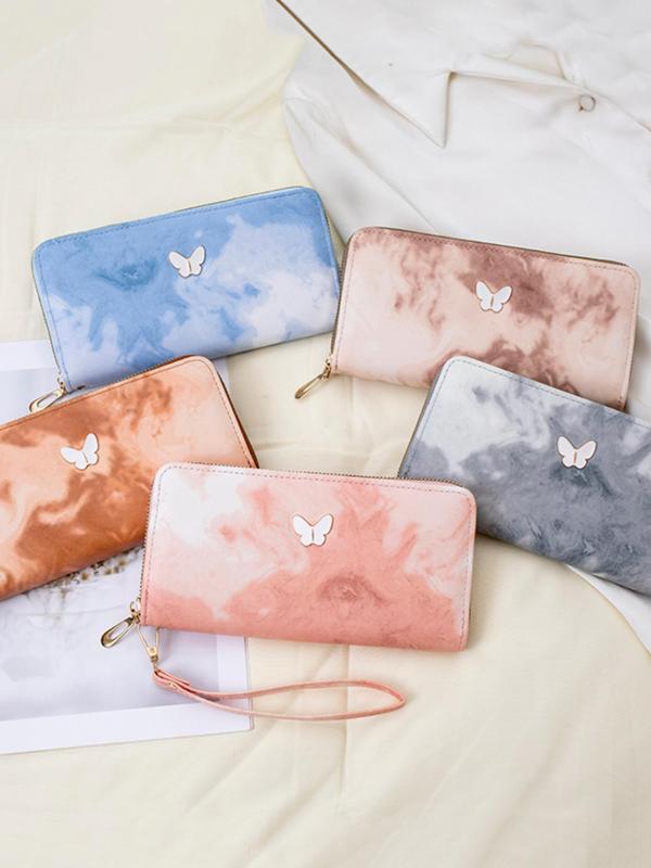 Women's Cute Ink  Tie Dye Pattern Butterfly Decor Long Wallet, Fashionable Pu Leather Zipper Wallet for Daily Used, Casual Trendy Versatile High-quality Daily Wallet