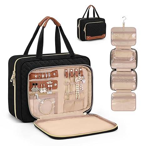 Hanging Travel Toiletry Bag with Jewelry Organizer Compartment Large Makeup Bag, PVC Waterproof  for Travel Business Trips Camping Bathroom, Black