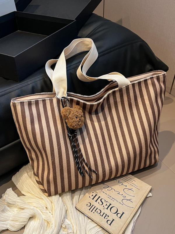 Women's Cute Striped Pattern Tote Bag, Large Capacity Shoulder Bag for Daily Used, Casual Trendy Versatile High-quality Daily Commuting Bag, Girl Fashionable Shopping Bag