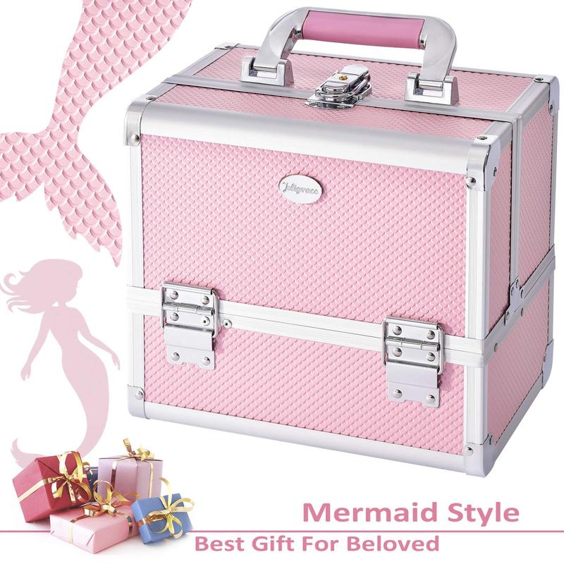 3 Trays Makeup Case with Mirror Brush Holder Professional Cosmetic Box Organizer Lockable Travel Train Case Mermaid Pink