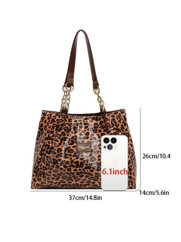 Fashion Leopard Pattern Chain Strap Design Tote Bag, Casual Pu Leather Shoulder Bag for Women, Trendy All-match Bag for Daily Use