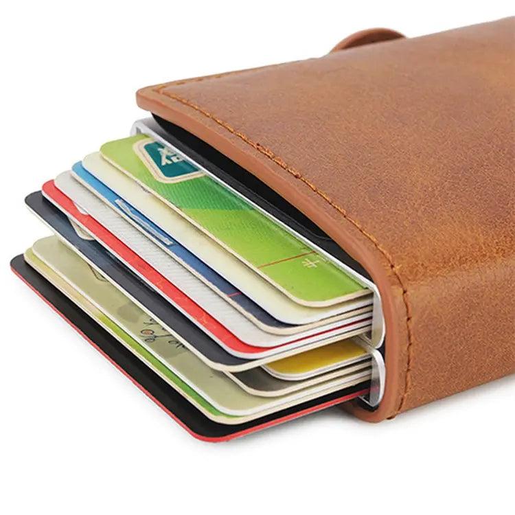 Credit Card Holder RFID Blocking PU Leather  Aluminum Alloy Pop Out Double Layer Card Case