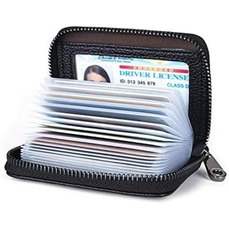 Genuine Leather Credit Card Holder Wallet RFID Blocking Secure Card Case ID Case Organizer Zipper Wallet (A-Classic Black)