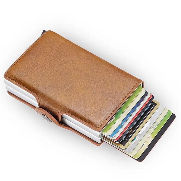 Credit Card Holder RFID Blocking PU Leather  Aluminum Alloy Pop Out Double Layer Card Case