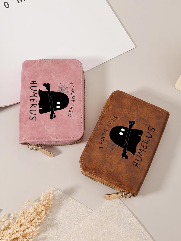 Women's Cute Cartoon Ghost & Letter Pattern Card Holder, Casual  Pattern Zipper Short Wallet, Multi Card Cover Wallet for Daily Use As Halloween Gift